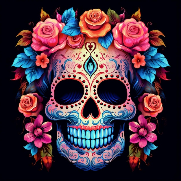 Brightly colored sugar skull with flowers and leaves on black background generative ai