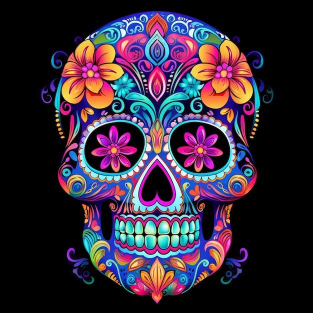 brightly colored sugar skull with flowers and swirls on black background generative ai