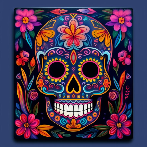 Brightly colored sugar skull with flowers and vines on a black background generative ai