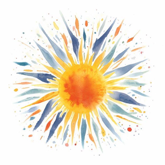 brightly colored sunburst with watercolor splashs on white background generative ai