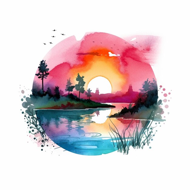 a brightly colored sunset over a lake with trees and birds generative ai