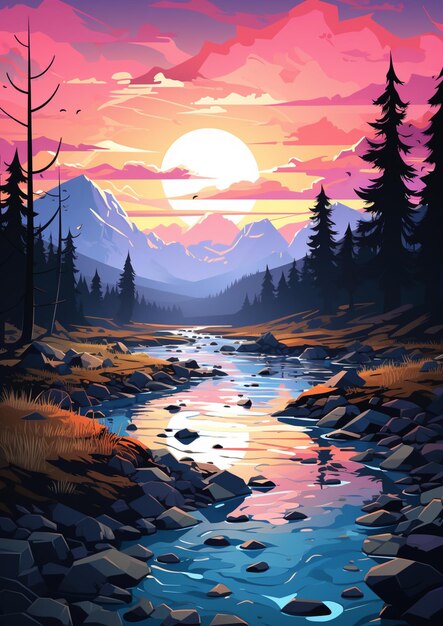 a brightly colored sunset over a mountain river with rocks and trees generative ai