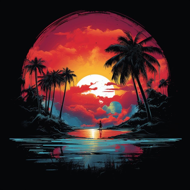 a brightly colored sunset with palm trees and a surfer in the water generative ai