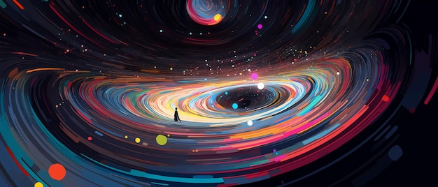 brightly colored swirls of light in a black hole with a person walking in the center generative ai