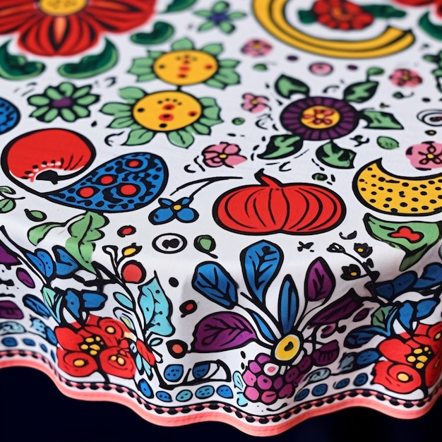 Brightly colored table cloth with a floral design on it generative ai