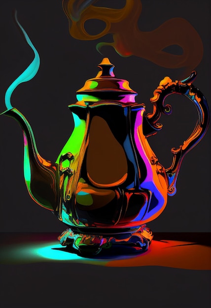 Brightly colored teapot with steam coming out of it generative ai