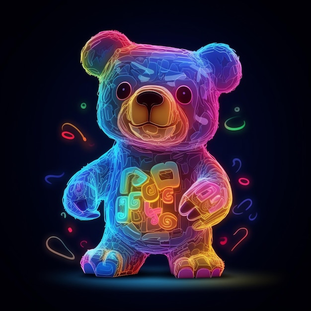 Brightly colored teddy bear with musical notes and a bow generative ai