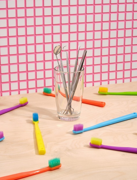 Brightly colored toothbrushes scattered on the table Dental tools Concept of dental health and dental care