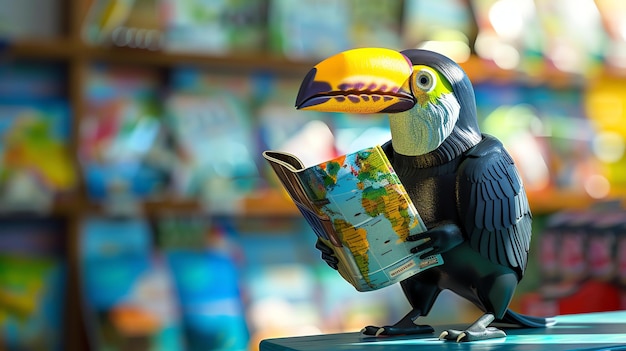 A brightly colored toucan is perched on a branch reading a map The toucan is surrounded by lush green leaves and the background is a soft blur