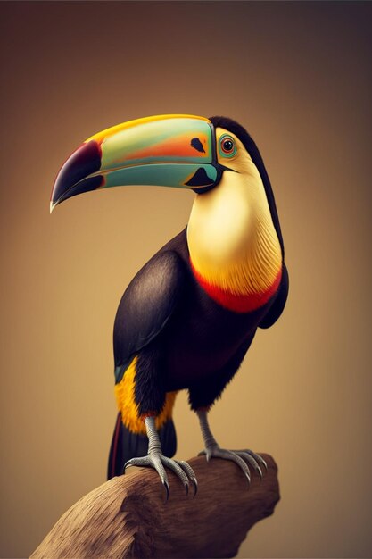 茶色の背景の枝に座っている鮮やかな色のトゥーカン (toucan)