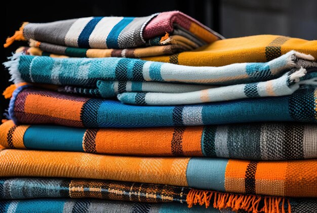 brightly colored towels with fringes spread out over the room in the style of grungy patchwork