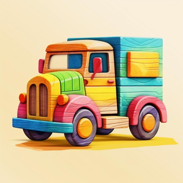 Foto camion giocattolo dai colori vivaci con una scatola di legno sul retro generativo ai