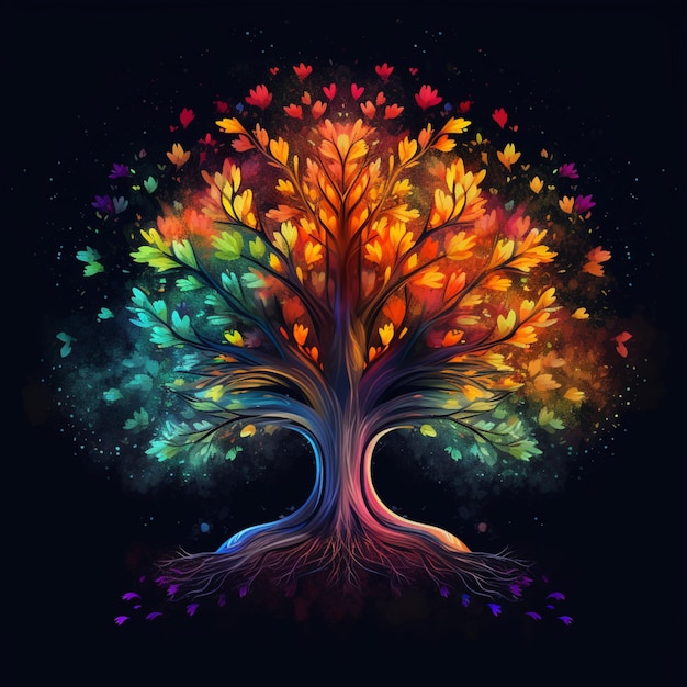 A brightly colored tree with a black background and a black sky generative ai