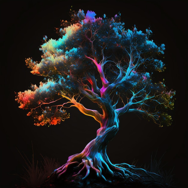 brightly colored tree with roots in the dark generative ai