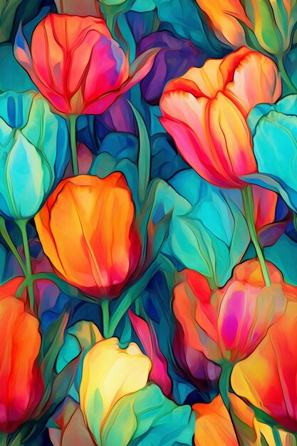 Brightly colored tulips are in a field of green leaves generative ai