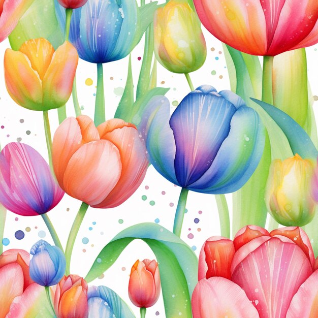 brightly colored tulips with water droplets on a white background generative ai