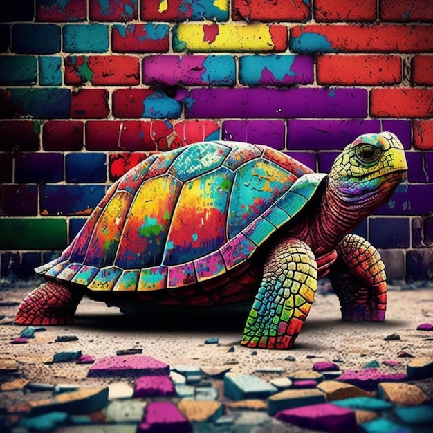 Brightly colored turtle on the ground in front of a brick wall generative ai