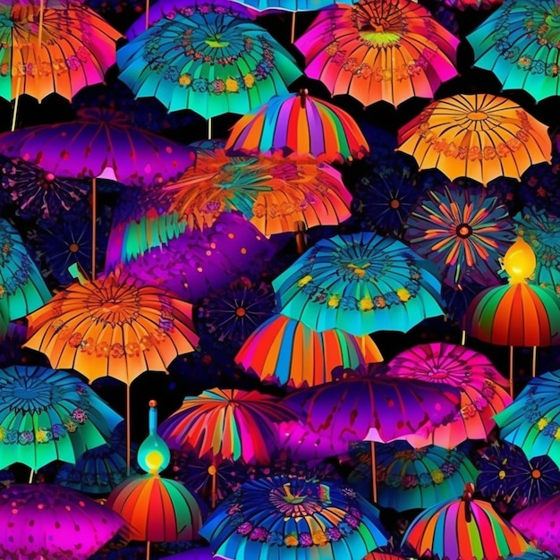 Brightly colored umbrellas are arranged in a pattern on a black background generative ai