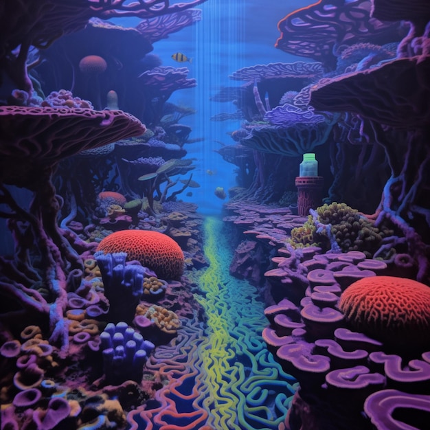 brightly colored underwater scene of coral reef with fish and algae generative ai