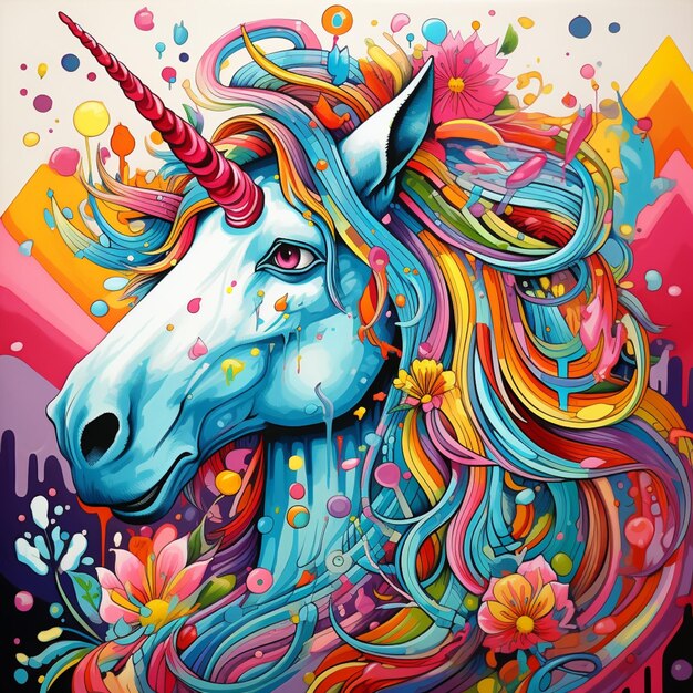 Brightly colored unicorn with long mane and flowers in front of a colorful background generative ai