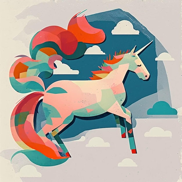 Photo brightly colored unicorn with long mane and tail running in the sky generative ai