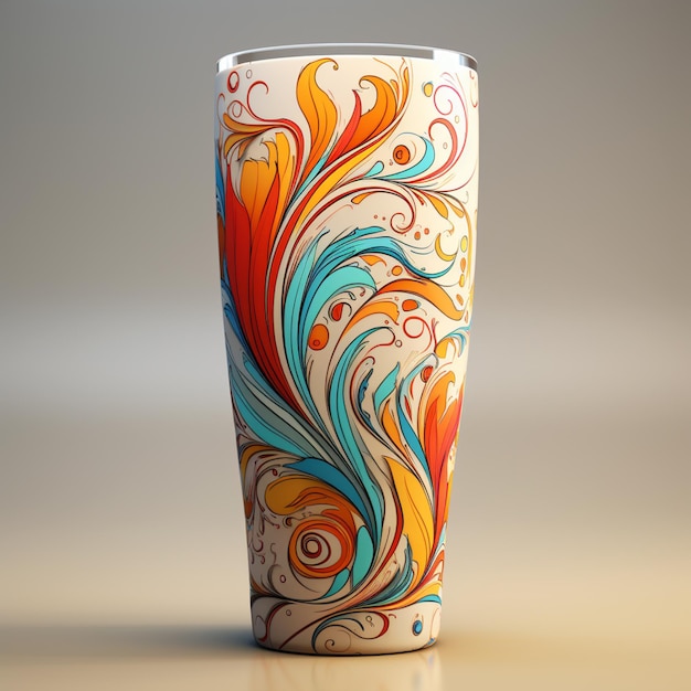 Brightly colored vase with swirly design on a light colored surface generative ai