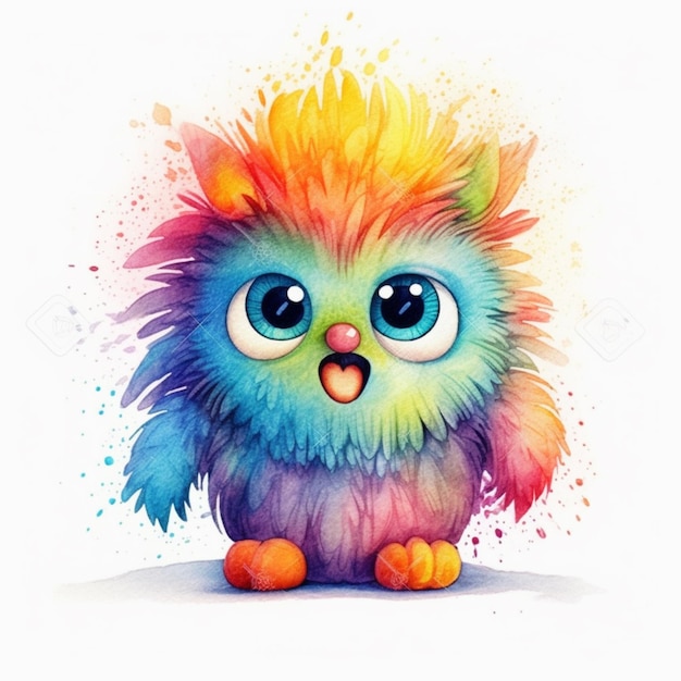 Brightly colored watercolor painting of a colorful bird with big eyes generative ai