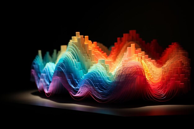 Photo brightly colored waves of light in a dark room generative ai