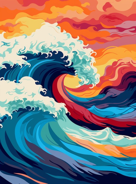 Brightly colored waves in the ocean at sunset with a bright sky generative ai