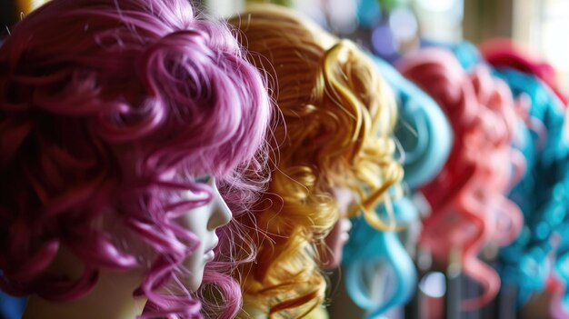 Brightly colored wigs on mannequin heads in a row