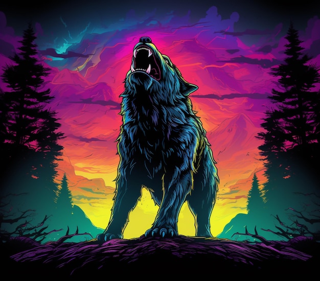 a brightly colored wolf howling in the sunset with trees in the background generative ai