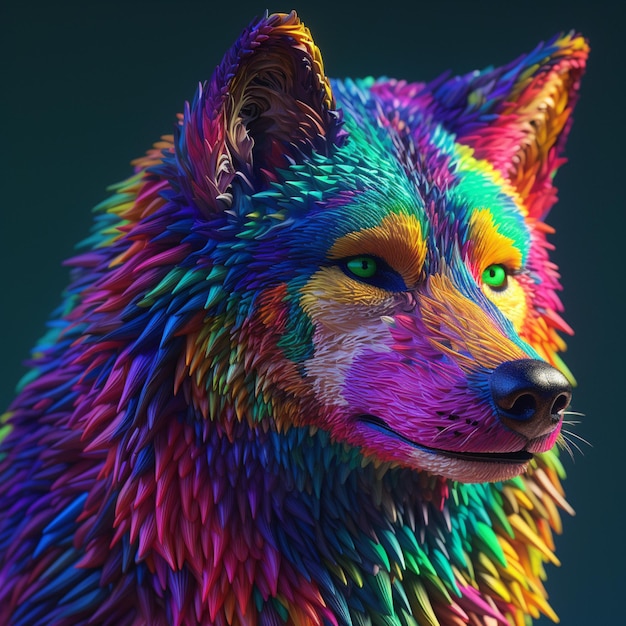 Brightly colored wolf with green eyes and a black background generative ai