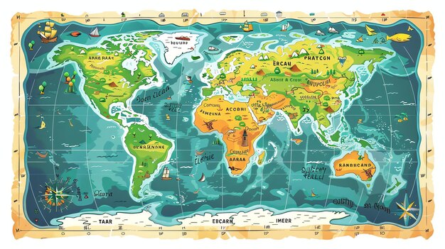 a brightly colored world map with cute cartoon illustrations of animals and landmarks