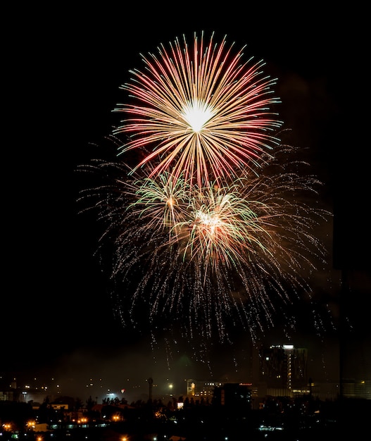 Brightly colorful fireworks and salute of various colors in the night sky