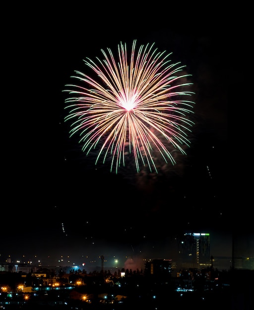 Brightly colorful fireworks and salute of various colors in the night sky