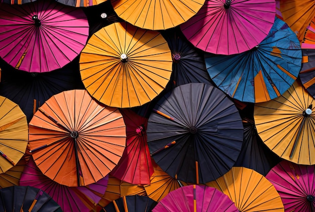 화려한 색의 종이 우산과 추상적인 직물 스타일의 다채로운