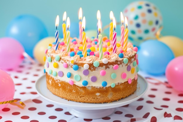 A brightly decorated birthday cake with numerous candles adorning its surface ready for celebration Charming birthday cake with lit candles on polka dot background AI Generated