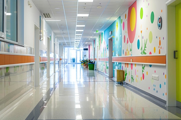 Brightly Decorated Hospital Children39s Ward Corridor with Artwork and Colorful Walls