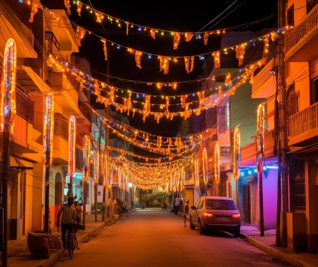 A brightly illuminated street decorated for diwali