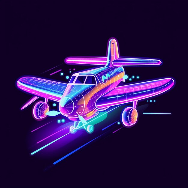 A brightly lit airplane flying in the dark with a black background generative ai