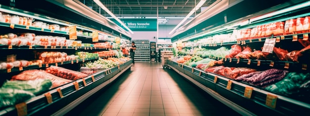 Photo brightly lit aisle of a supermarket grocery store generative ai