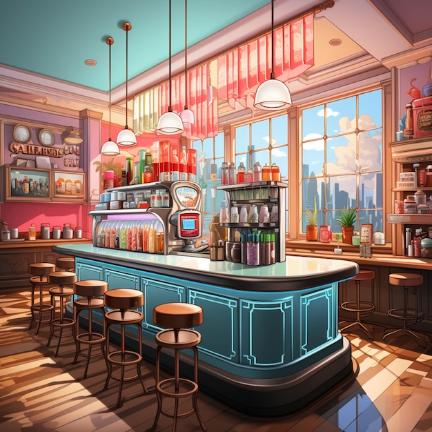 Brightly lit bar with stools and a counter in a brightly lit room generative ai