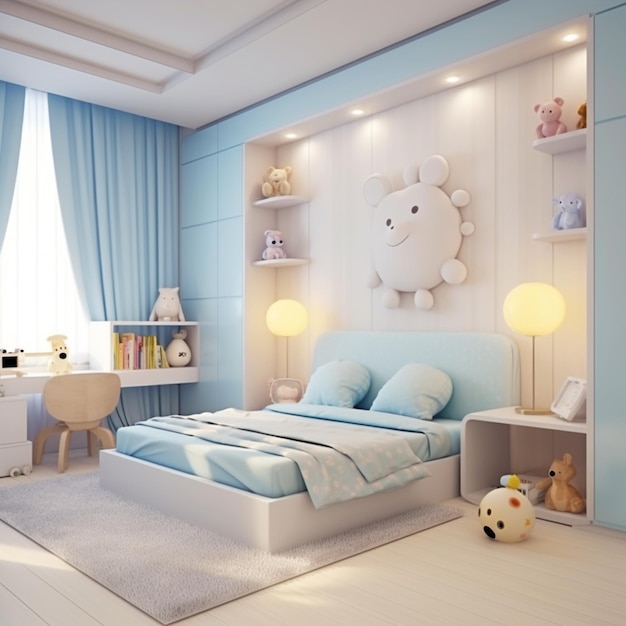 a brightly lit bedroom with a blue and white theme and a teddy bear generative ai