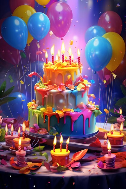 Premium AI Image | brightly lit birthday cake with candles and balloons ...