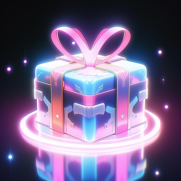 生成 AI の上にピンクの弓とリボンが付いた、明るく照らされた誕生日ケーキ