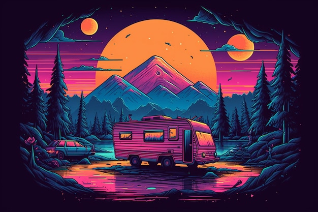 Photo a brightly lit camper van in the mountains with a full moon generative ai