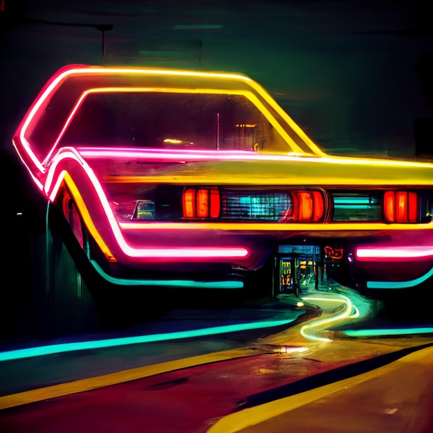 Foto macchina illuminata in un parcheggio di notte ai generativi