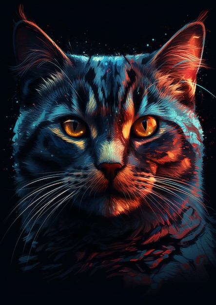 Brightly lit cat with glowing eyes in dark room with black background generative ai