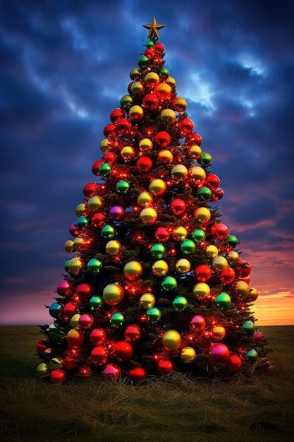 brightly lit christmas tree in a field