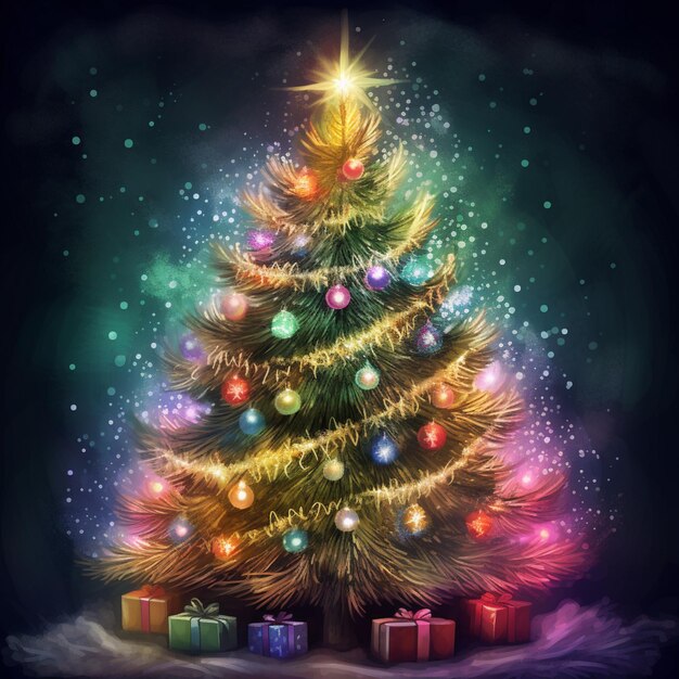 Brightly lit christmas tree with presents and stars in the background generative ai
